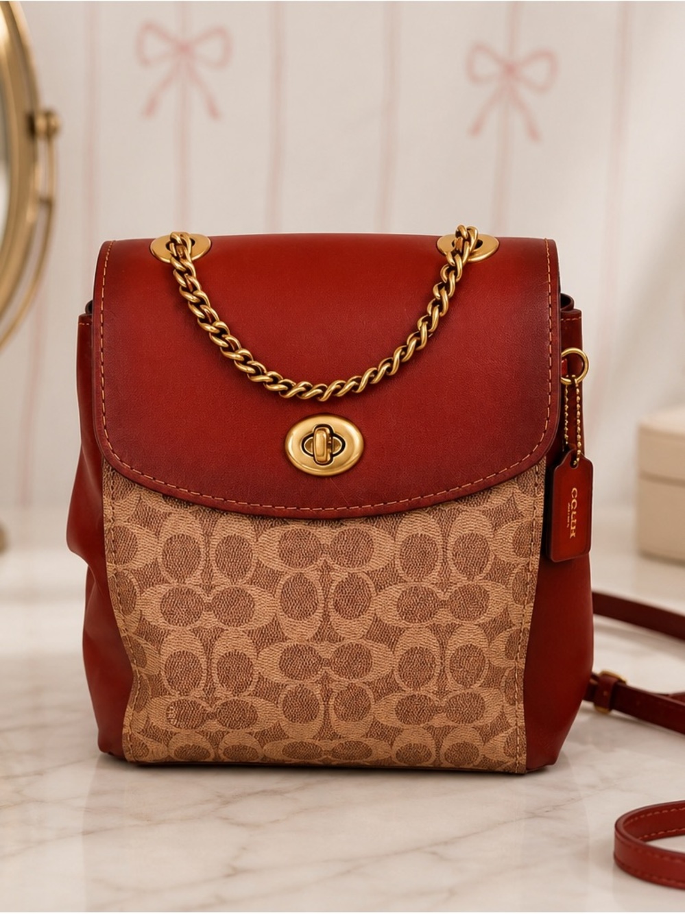 Coach Signature Canvas and Red Leather Chain-Handle Backpack